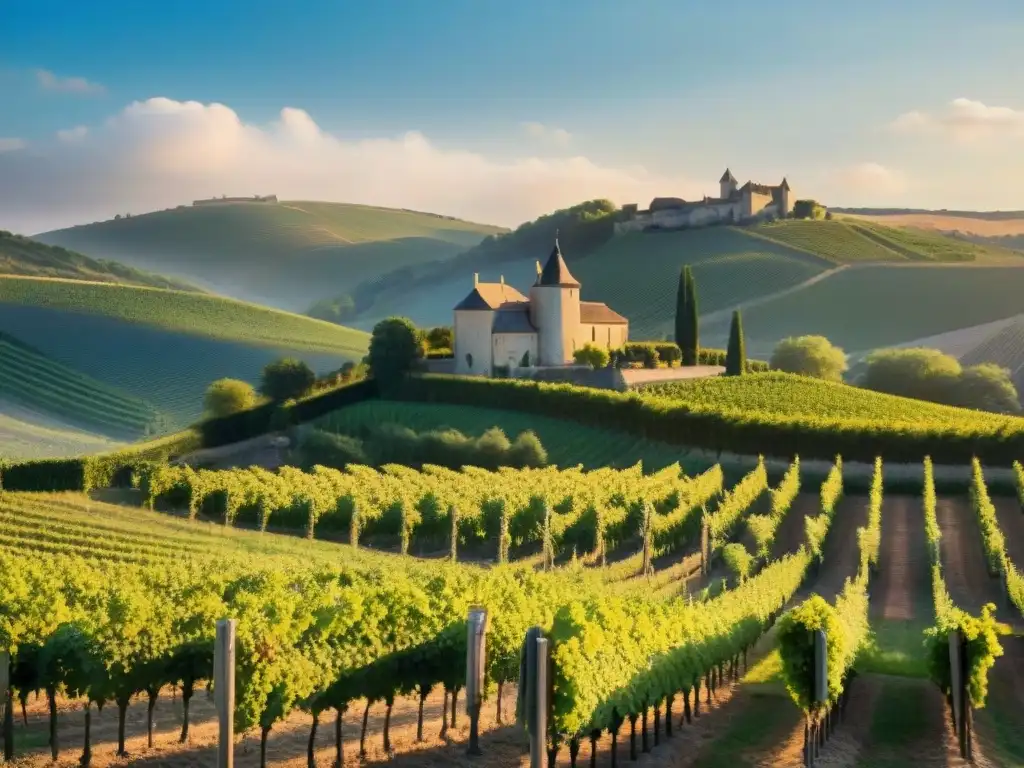 Un viñedo encantador en la campiña francesa al atardecer, evocando la elegancia y dedicación de los mejores cursos gastronomía francesa online