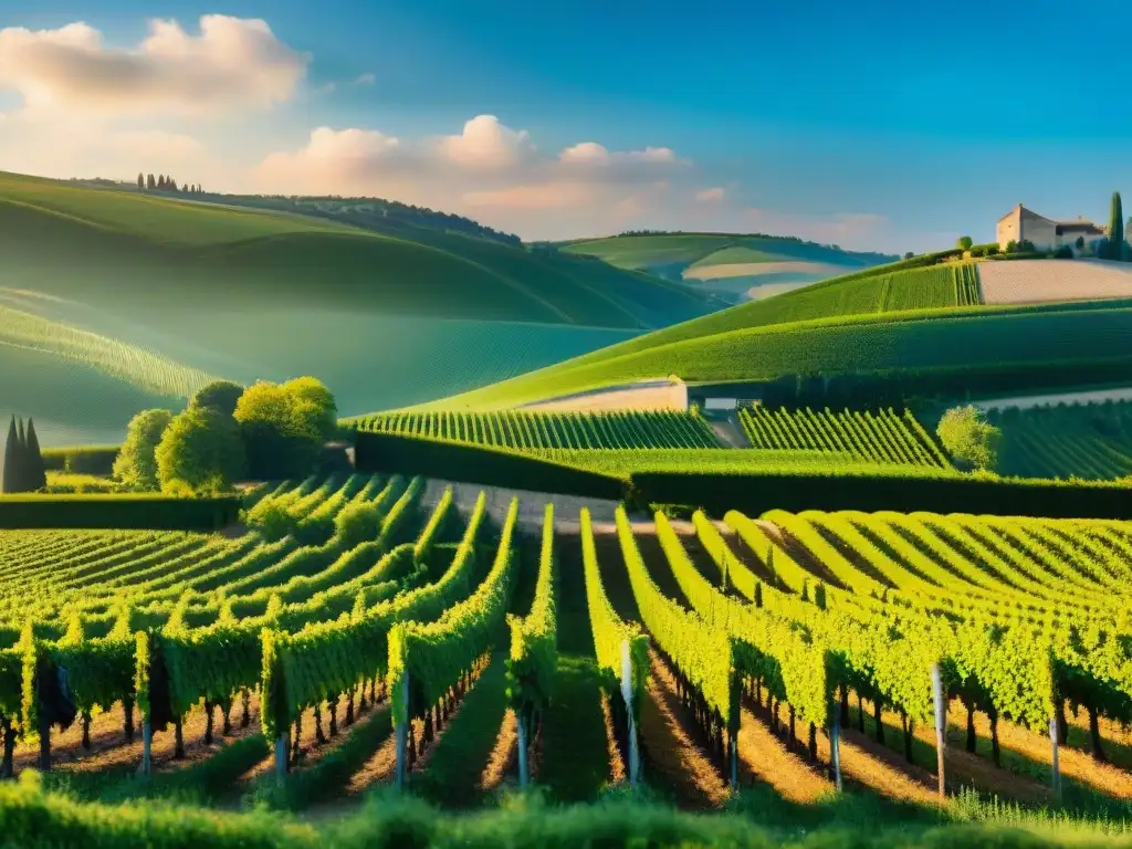 Un viñedo encantador en la región de Champagne con filas de uvas verdes bajo el sol, paisaje tranquilo