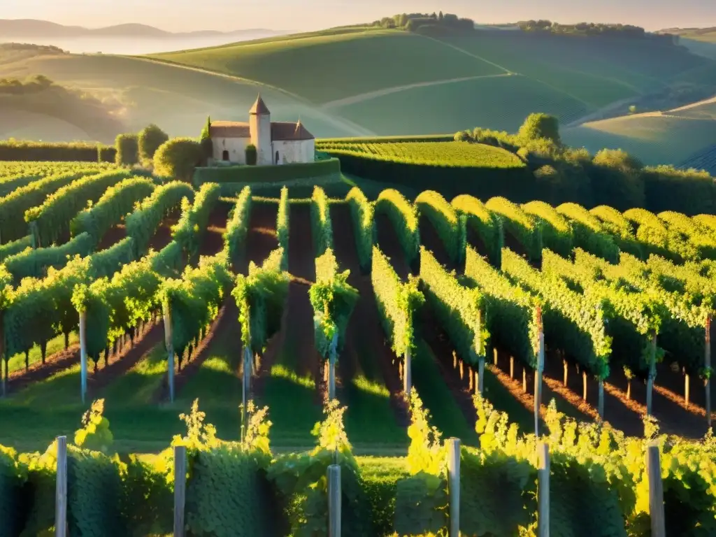 Un viñedo exquisito en la campiña francesa al atardecer, con filas de uvas y un château al fondo