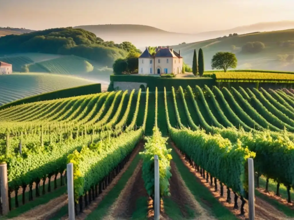 Un viñedo exquisito en Francia con filas de vides verdes bajo el sol dorado, junto a un encantador chateau