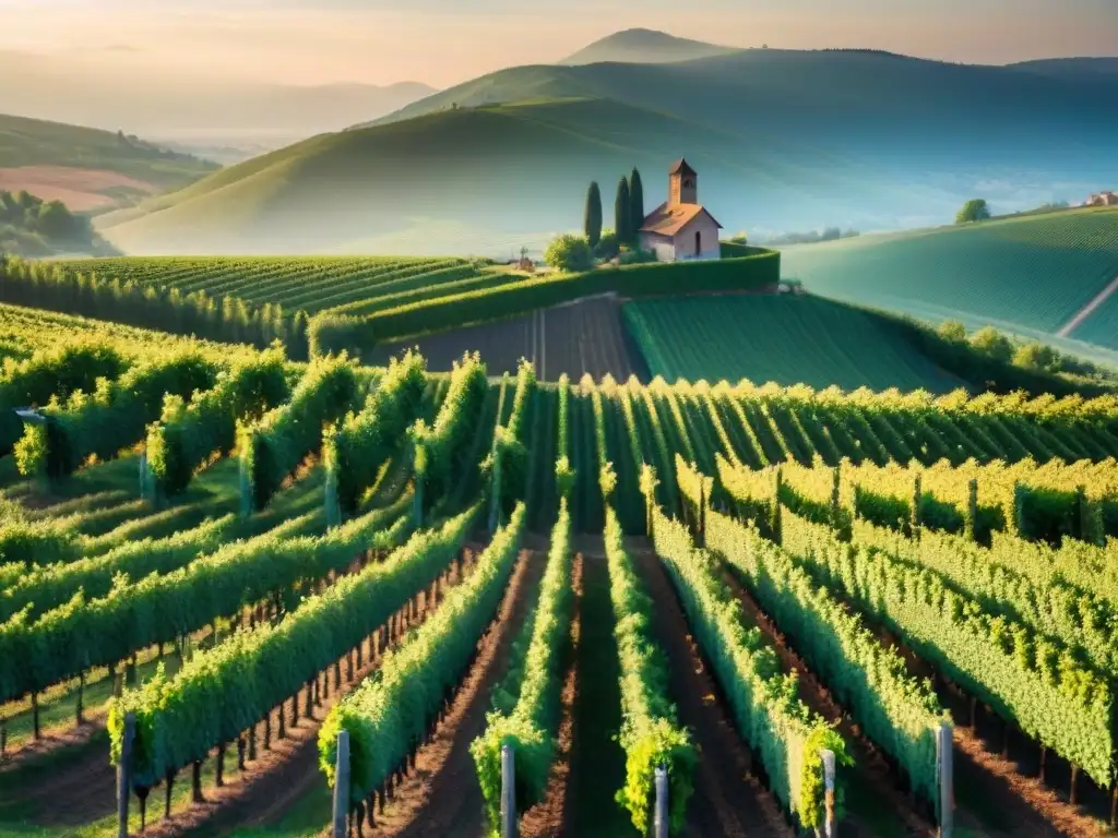 Viñedo exuberante en Alsacia, Francia, al atardecer