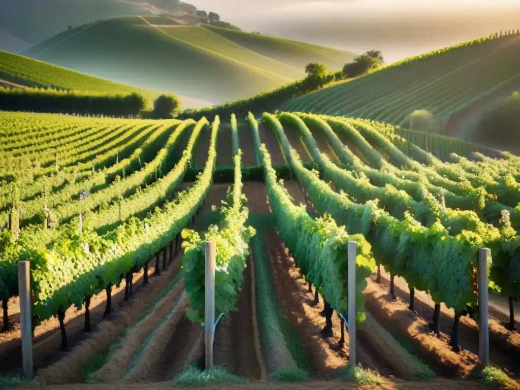 Viñedo exuberante al amanecer con uvas saludables y flores silvestres coloridas