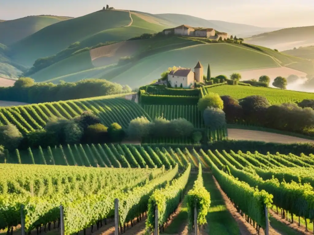 Un viñedo exuberante al atardecer en Francia con un château y agricultores cuidando las vides