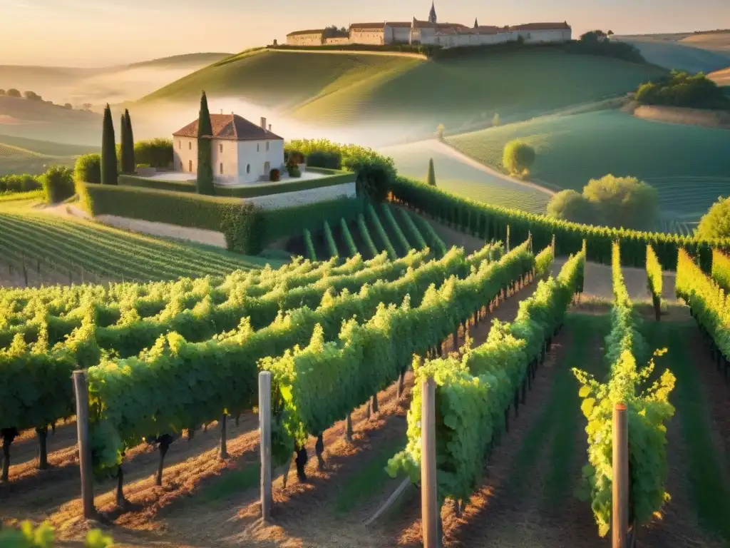 Viñedo exuberante al atardecer en Francia, con vides y château centenario