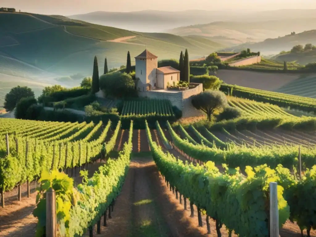 Un viñedo exuberante al atardecer en el Languedoc-Roussillon, con viñedos, un château francés y luz cálida