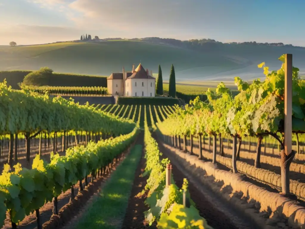 Un viñedo exuberante al atardecer en Francia, armonizando tradición e innovación en vinos franceses regionales