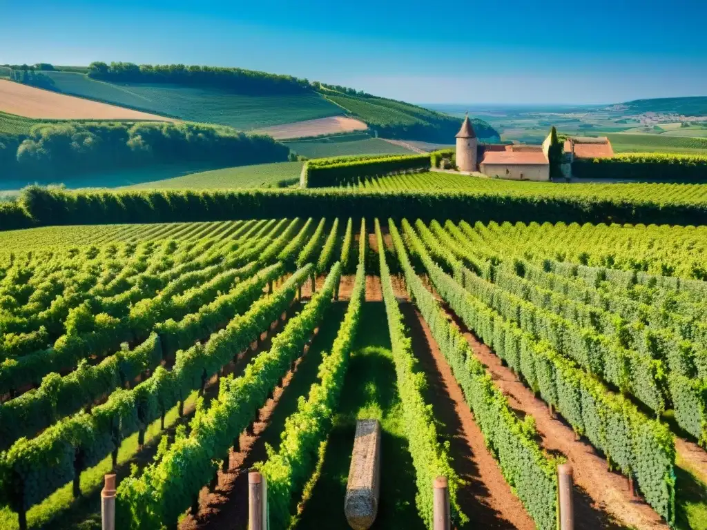 Viñedo exuberante en Borgoña, con hileras de uvas y edificios de piedra bajo cielo azul