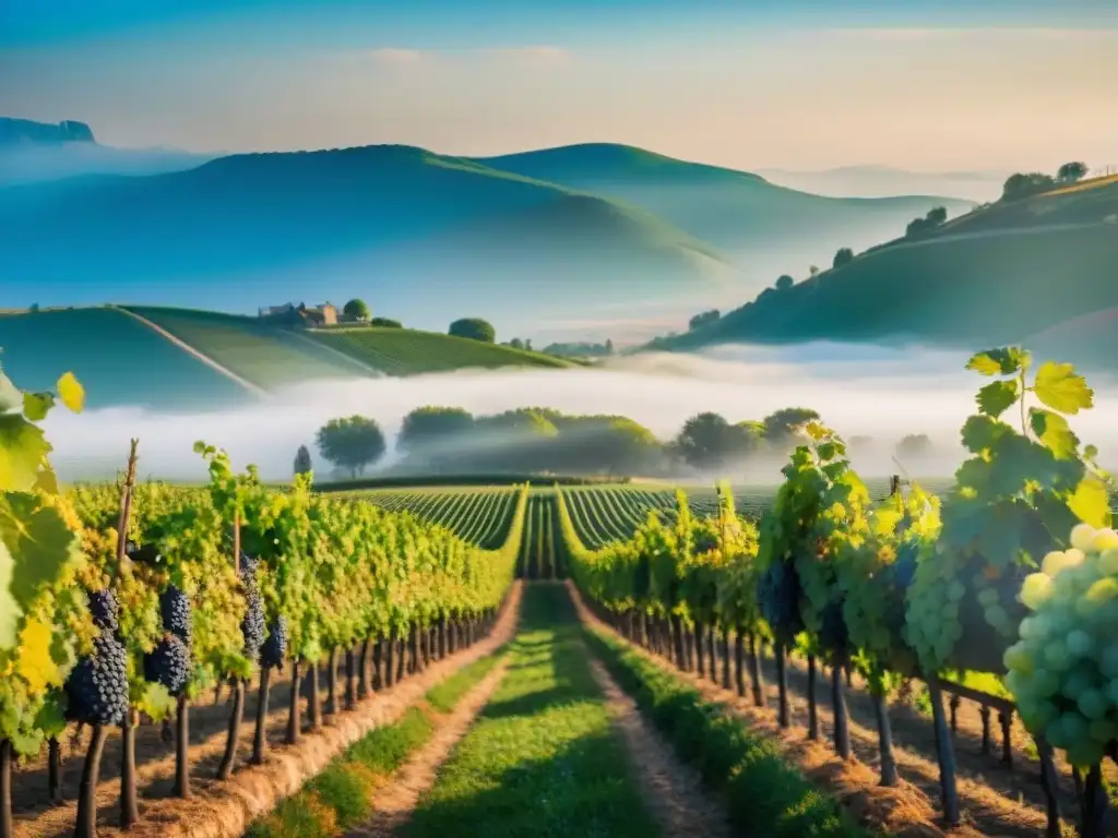 Un viñedo exuberante en la campiña francesa, con vides ordenadas bajo un cielo azul