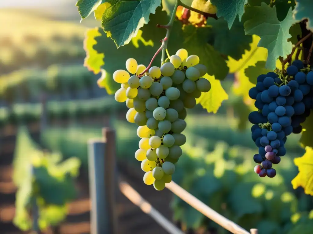 Un viñedo exuberante en la campiña francesa, con filas de variedades de uvas blancas