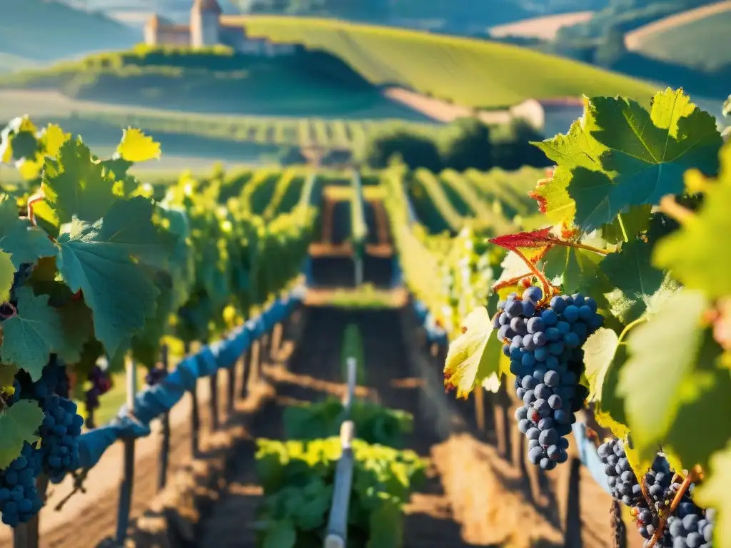 Un viñedo exuberante en la campiña francesa, con uvas rojas brillantes bajo el sol dorado