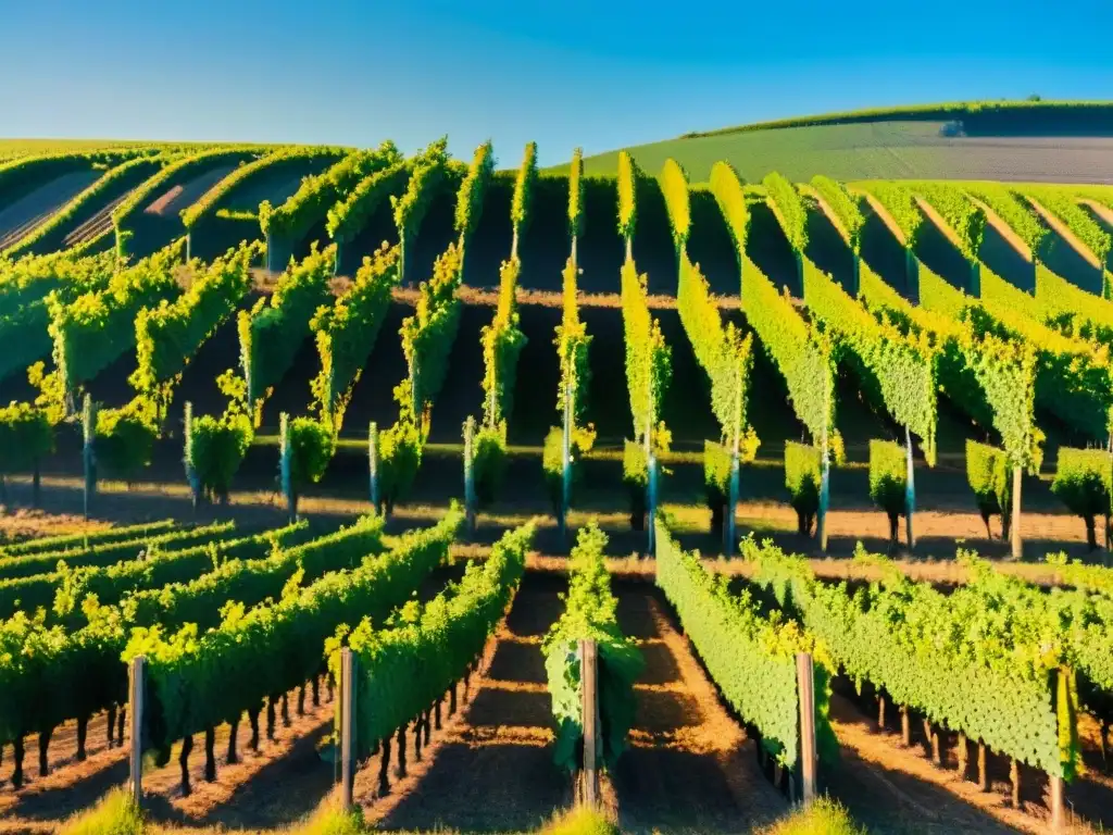 Viñedo francés: tradición y cuidado en la cosecha de uvas Un viñedo exuberante en la campiña francesa bajo un cielo azul