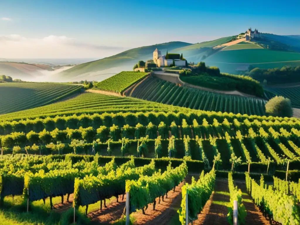 Viñedo exuberante en la campiña francesa, mostrando la influencia geográfica en la producción de frutas y verduras de Francia