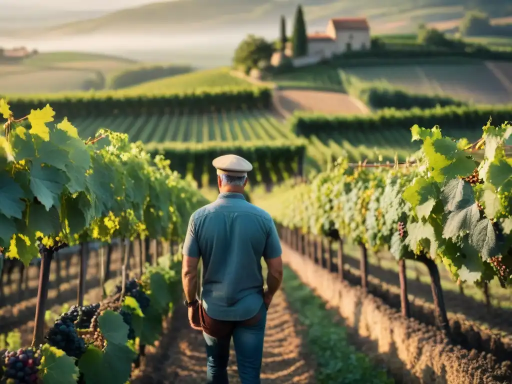 Un viñedo exuberante en la campiña francesa, con vides de uva roja ecológicas bajo el cálido sol