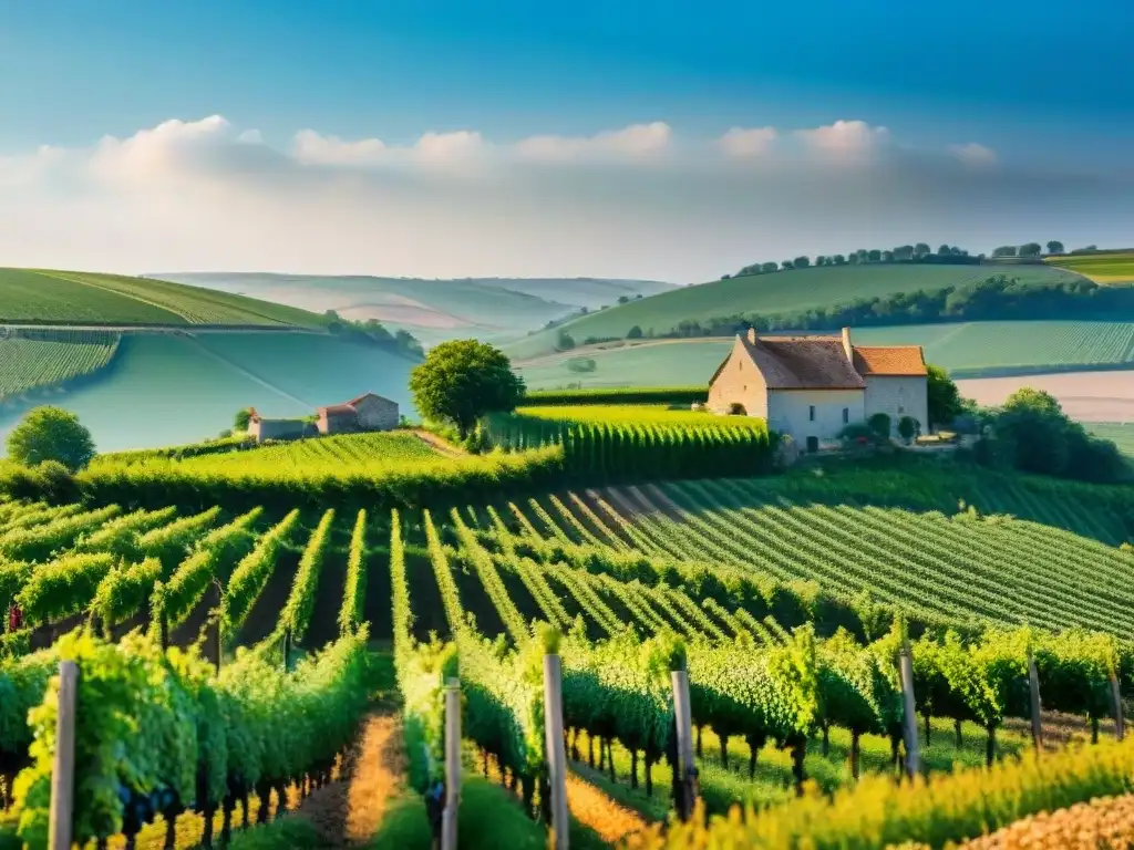 Viñedo exuberante en campo francés con prácticas agrícolas sostenibles en Francia