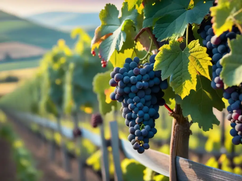 Un viñedo exuberante en el campo francés con uvas moradas, promesa de vinos tintos franceses orgánicos innovadores