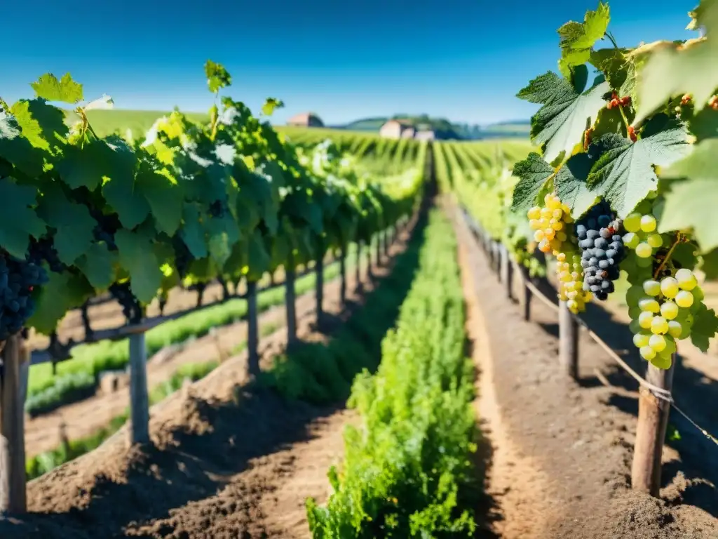 Viñedo exuberante en el campo francés, con redes de uvas verdes y racimos madurando bajo el sol