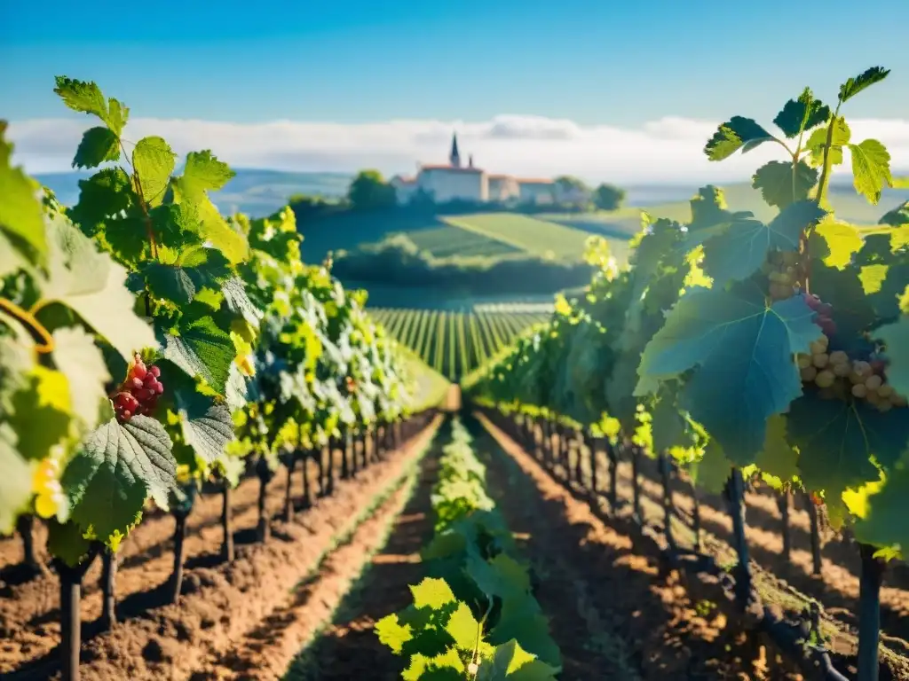 Viñedo exuberante en el campo francés, filas ordenadas de vides verdes bajo cielo azul