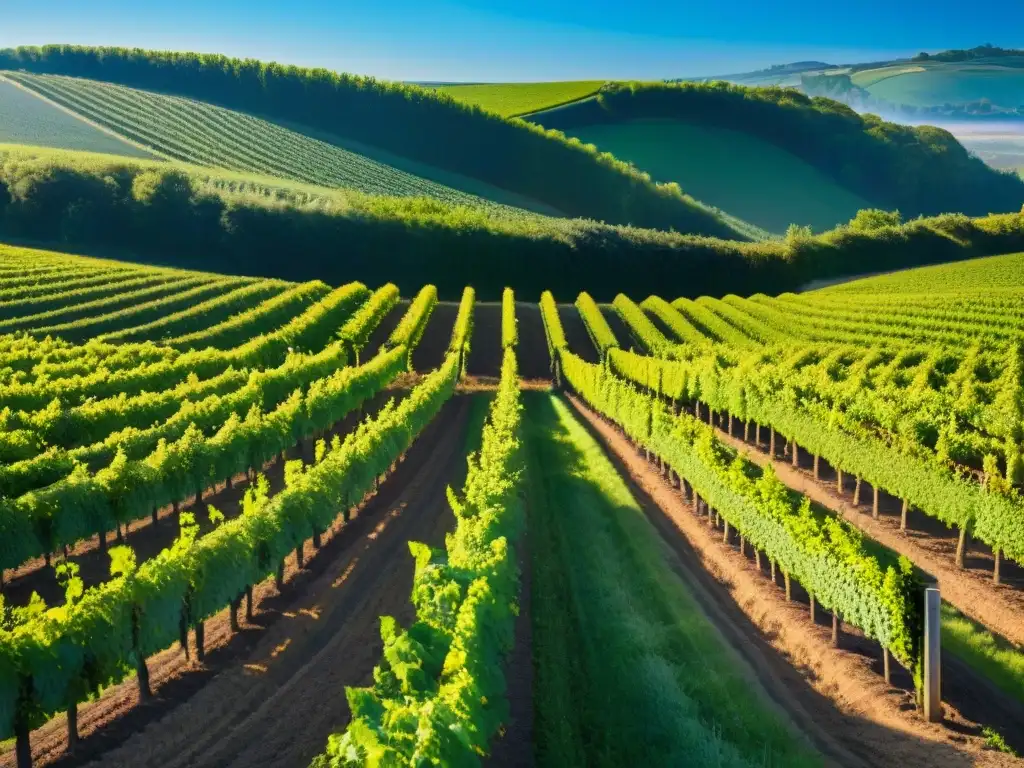 Un viñedo exuberante en Normandía, Francia, tesoro gastronomía francesa con vides verdes y suelo fértil