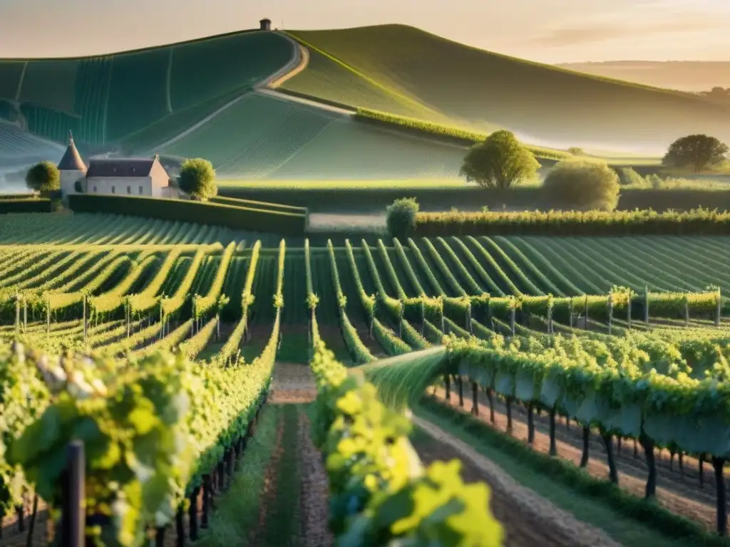 Un viñedo de champán exuberante al amanecer, con uvas cubiertas de rocío brillando en la luz matutina