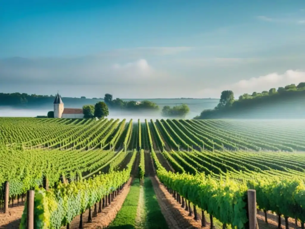 Viñedo exuberante en el Valle del Loira en un día soleado, con filas de vides verdes vibrantes