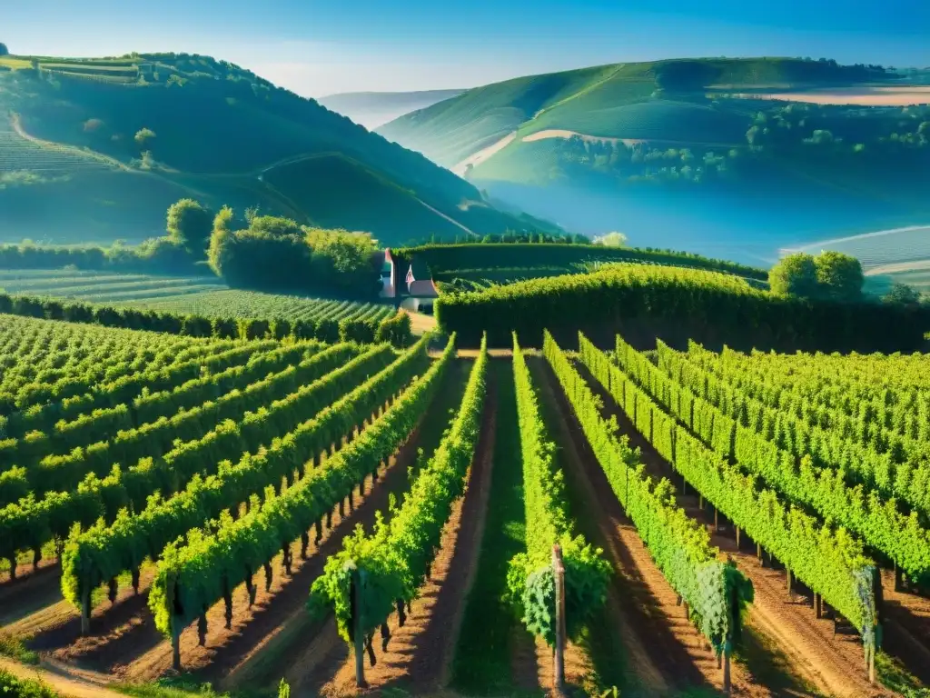 Viñedo exuberante en el Valle del Loira, Francia, con filas de vides bajo cielo azul