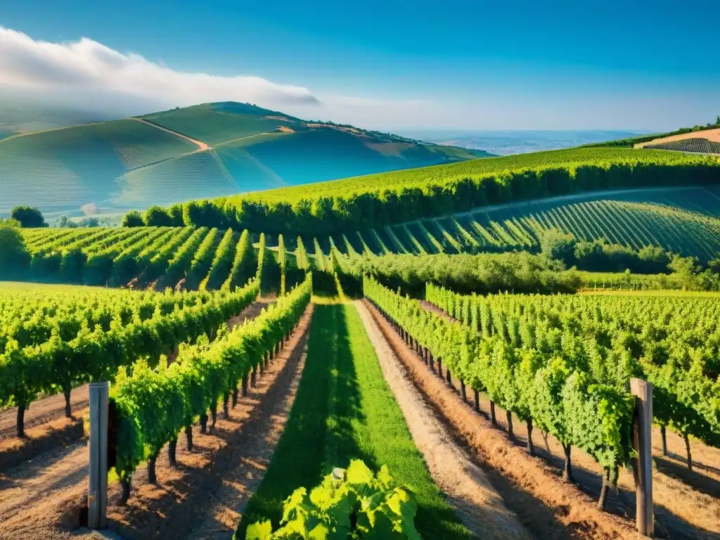 Un viñedo exuberante en el Valle del Ródano con filas de vides y suelo fértil, ideal para maridajes vinos Valle del Ródano