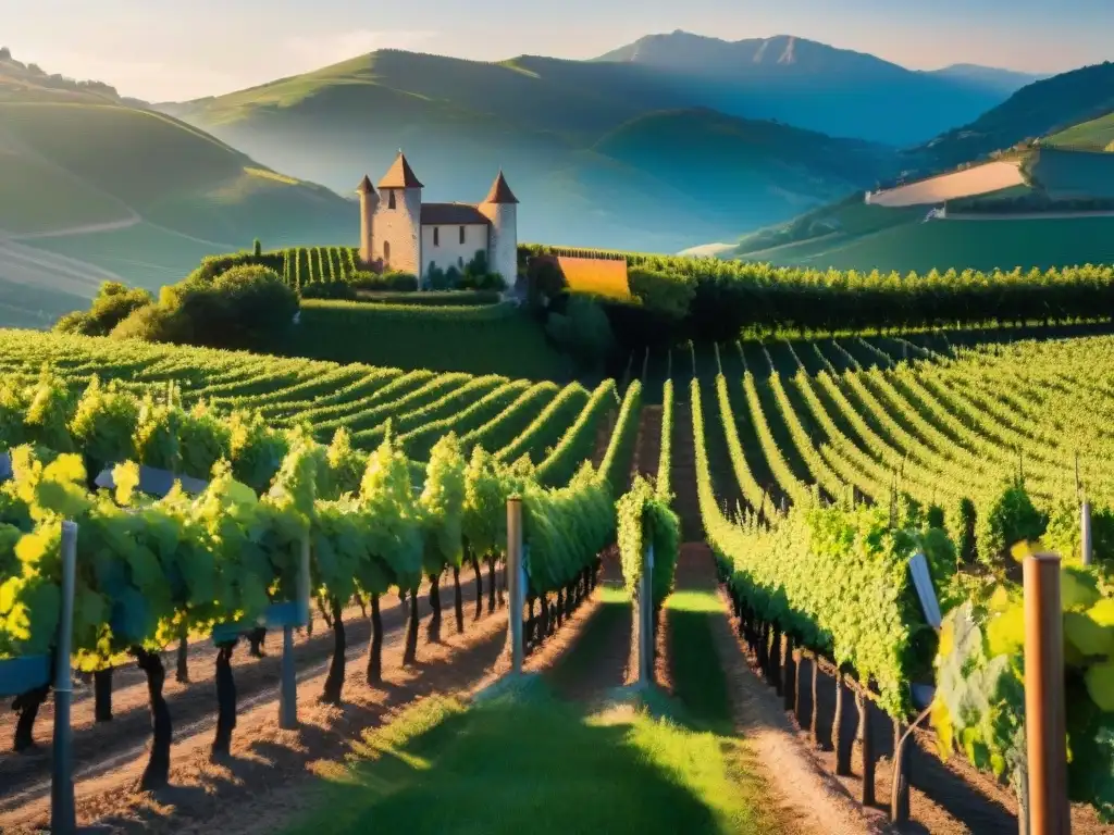 Un viñedo exuberante en Borgoña, Francia, con vides de uva Pinot Noir y un château francés, reflejando la tradición vinícola