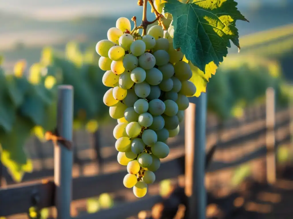 Viñedo francés al amanecer: filas de uvas blancas maduras bañadas por la luz dorada