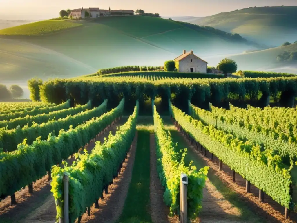 Viñedo francés al amanecer, mostrando filas de uvas bajo la luz dorada, con casa de piedra y paisaje verde