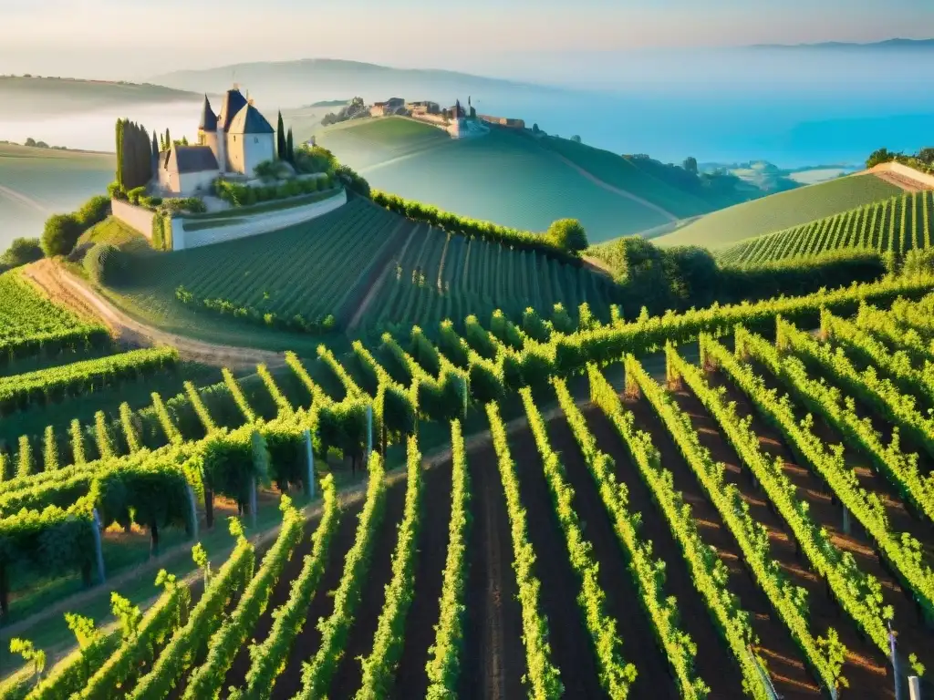 Viñedo orgánico francés con filas de uvas verdes en colinas, chateau al fondo y cielo azul