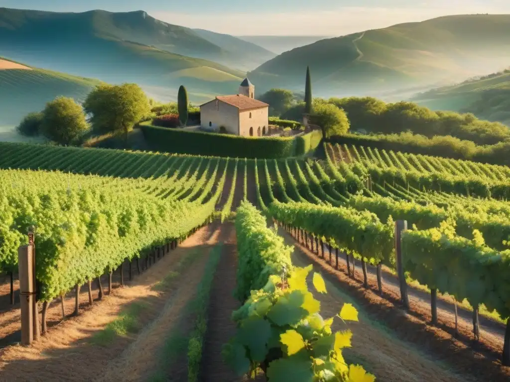 Un viñedo francés al amanecer con filas de verdes viñas y bodega antigua