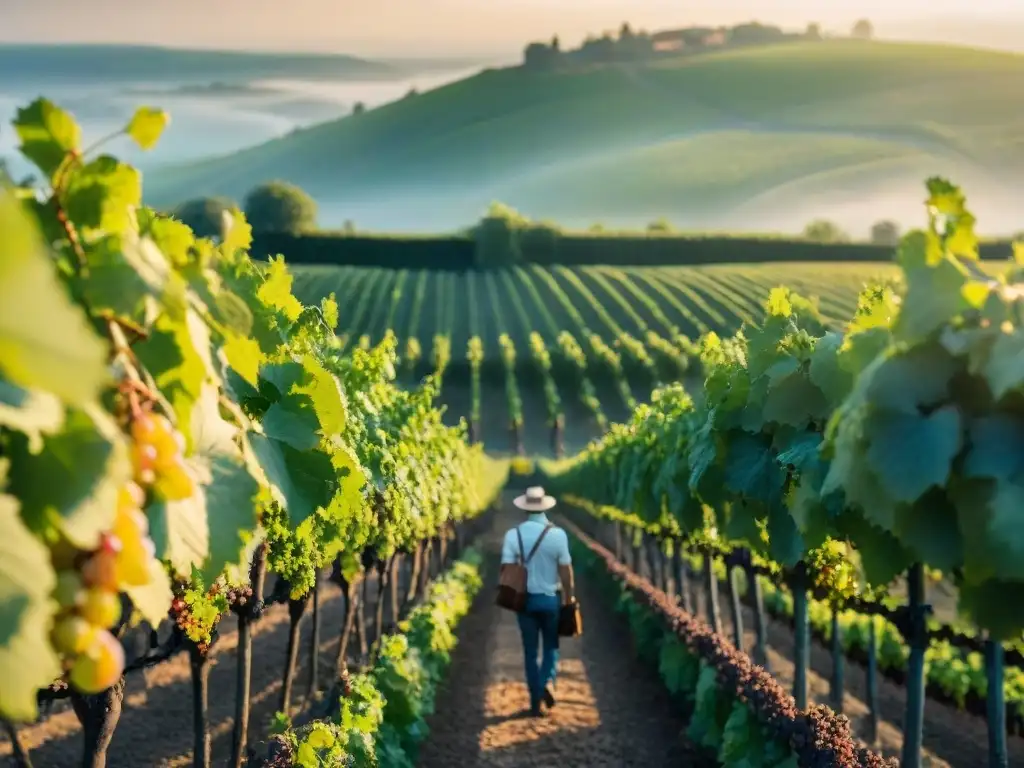 Viñedo francés al amanecer, con filas de vides verdes bajo la luz dorada