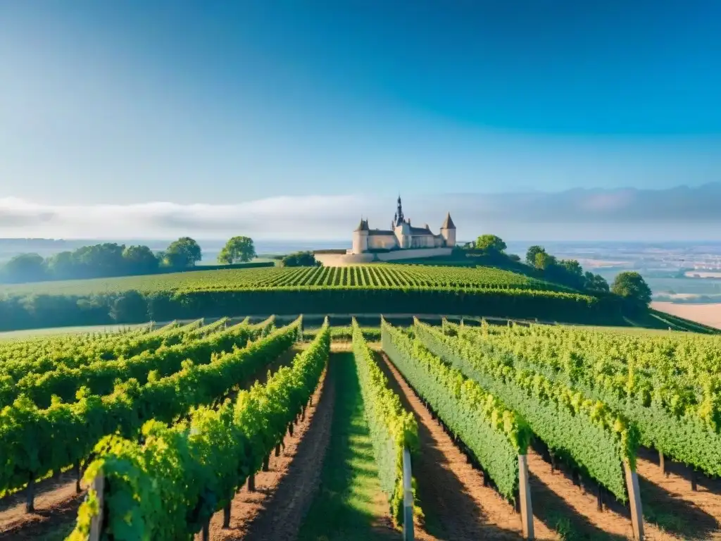 Viñedo en Burdeos, Francia: filas de viñedos verdes bajo cielo azul, con chateau al fondo