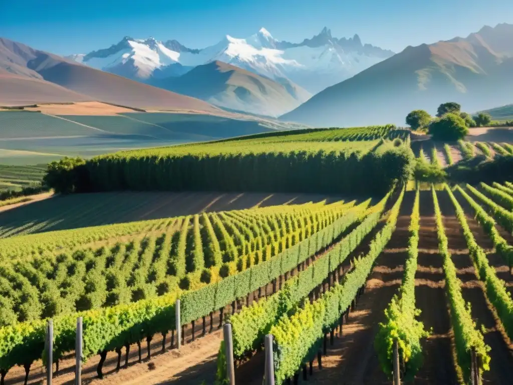 Un viñedo en Argentina con los Andes de fondo, reflejando la fusión de técnicas francesas en un entorno innovador