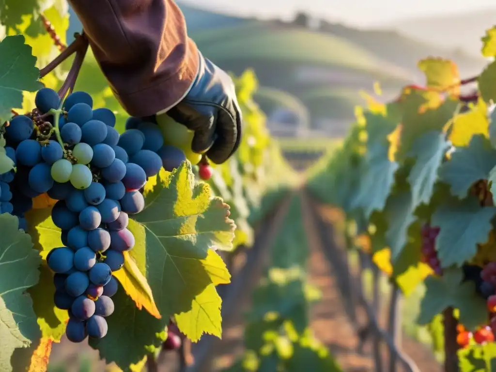 Un viñedo francés prestigioso al atardecer, con vides exuberantes y uvas moradas brillantes