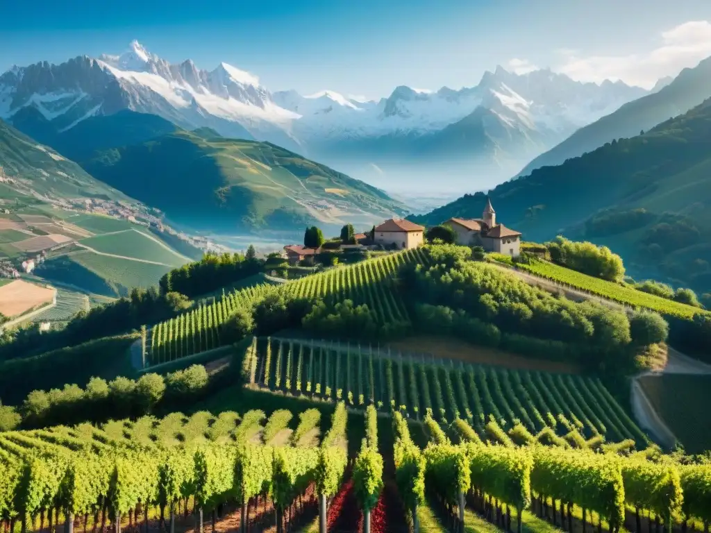 Viñedo en los Alpes franceses con uvas rojas y montañas nevadas, ideal para vinos tintos de montaña Francia