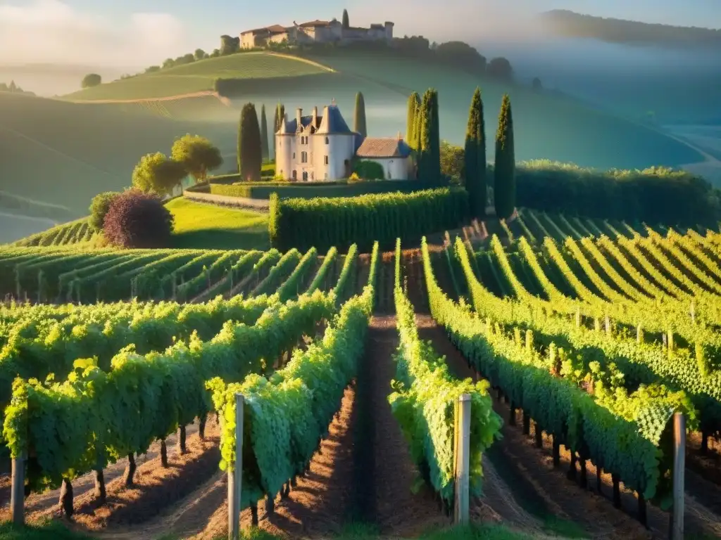 Viñedo francés al amanecer, con hileras de uvas iluminadas por la suave luz matutina