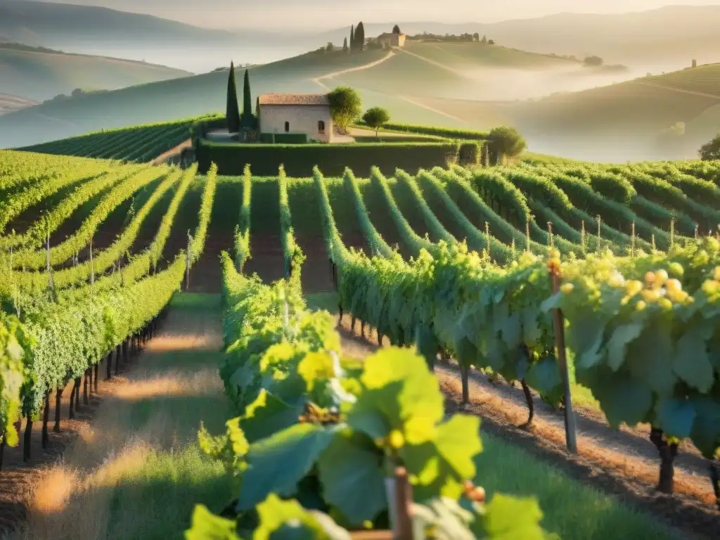 Viñedo francés al amanecer, con hileras verdes de uvas brillantes de rocío y colinas doradas