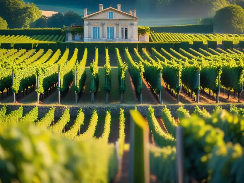 Viñedo histórico de Chateau Margaux al atardecer, reflejando la elegancia y tradición de vinos tintos franceses con historia