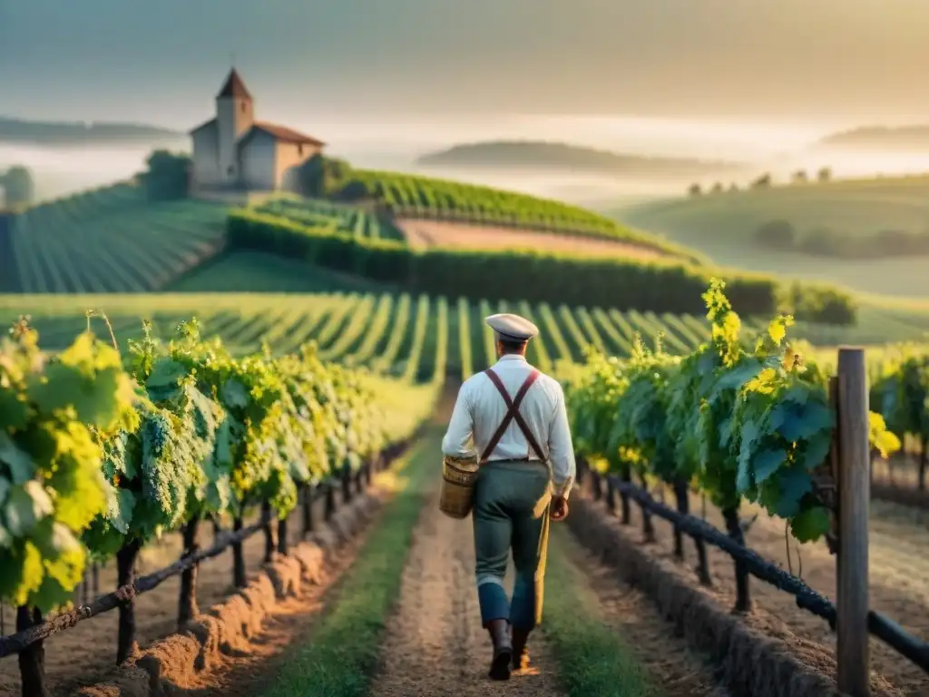 Viñedo histórico francés durante la Revolución, con trabajadores cosechando uvas a mano bajo el sol dorado