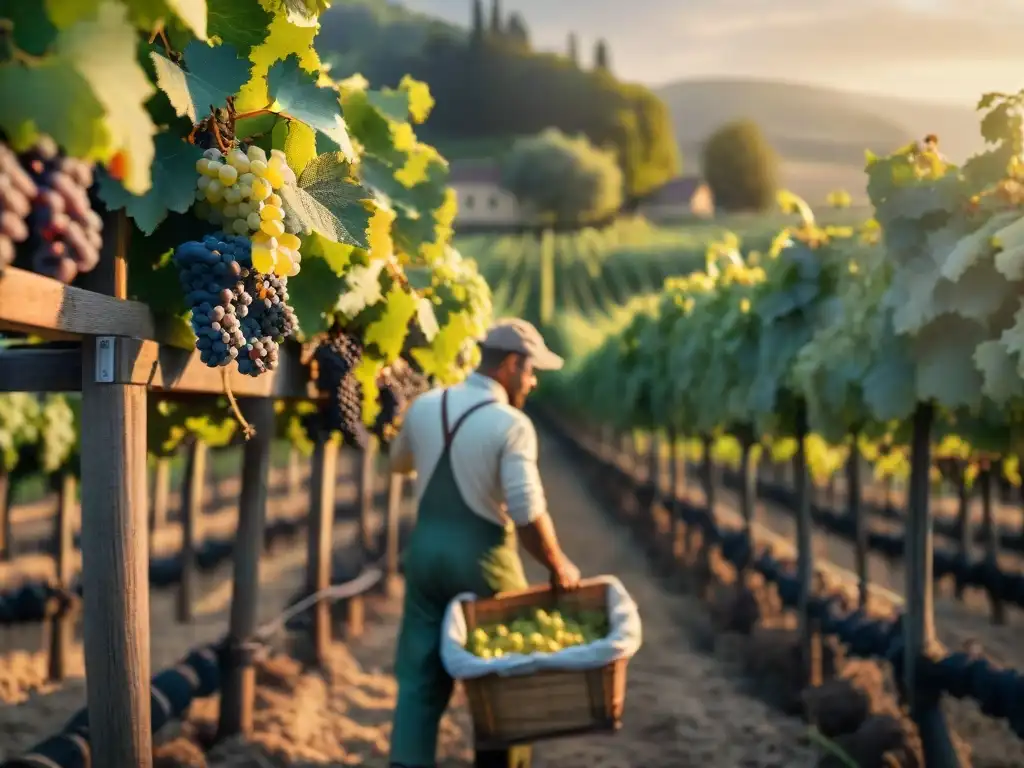 Viñedo francés histórico con trabajadores cosechando uvas al atardecer, fusionando tradición e innovación en la viticultura postRevolución Francesa