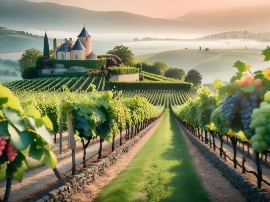 Un viñedo francés histórico con uvas rosadas brillantes bajo el sol, destilando tradición y artesanía