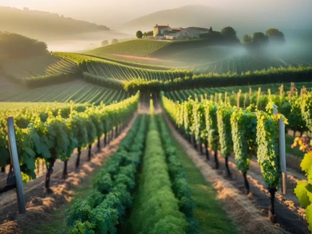 Viñedo francés al amanecer, con rocío en las hojas y vibrante verdor, bajo la cálida luz dorada del sol naciente