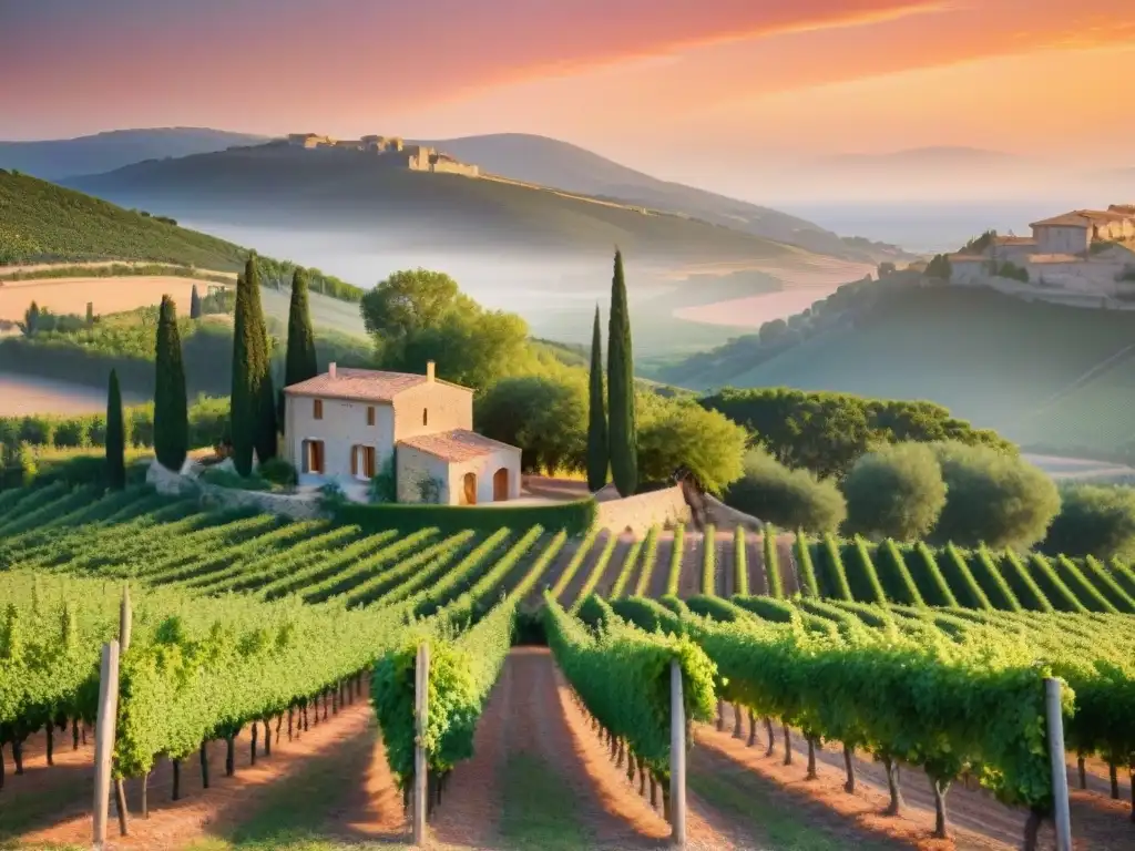 Un viñedo idílico en la Ruta del Rosé en Provenza, con uvas rosadas bañadas por la cálida luz del atardecer