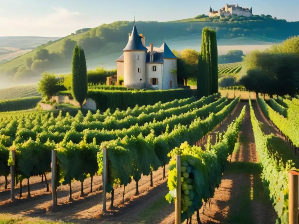 Un viñedo iluminado por el sol en la campiña francesa, con uvas blancas brillantes y un encantador château de fondo