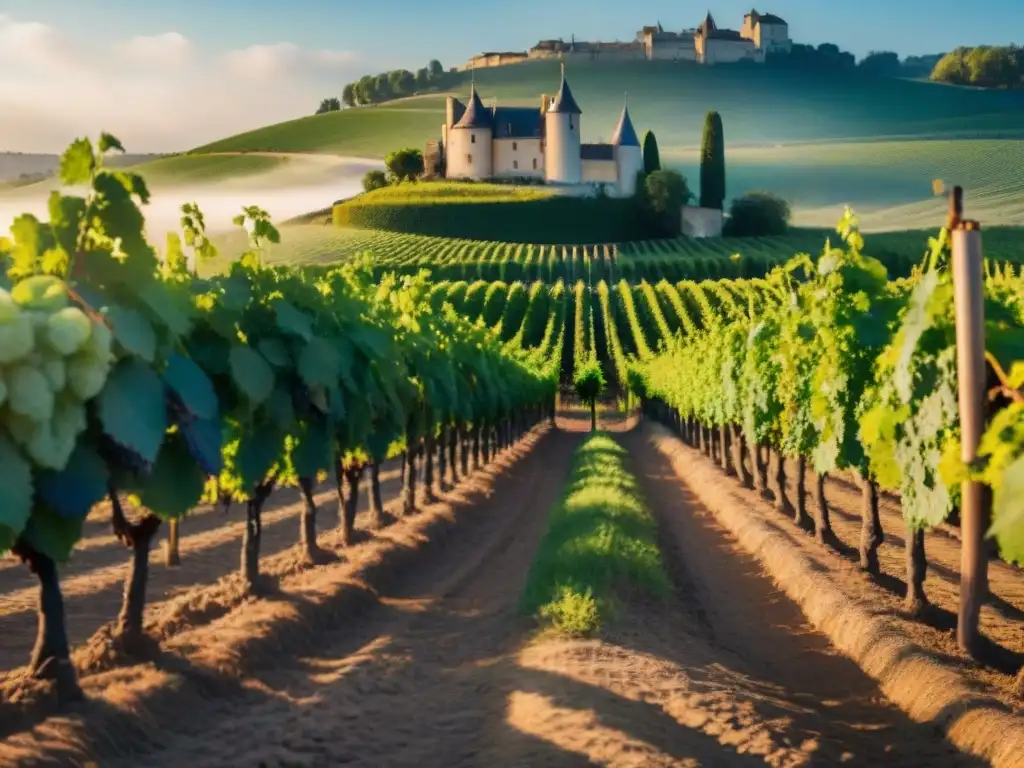 Viñedo iluminado por el sol en Francia, uvas maduras en las vides