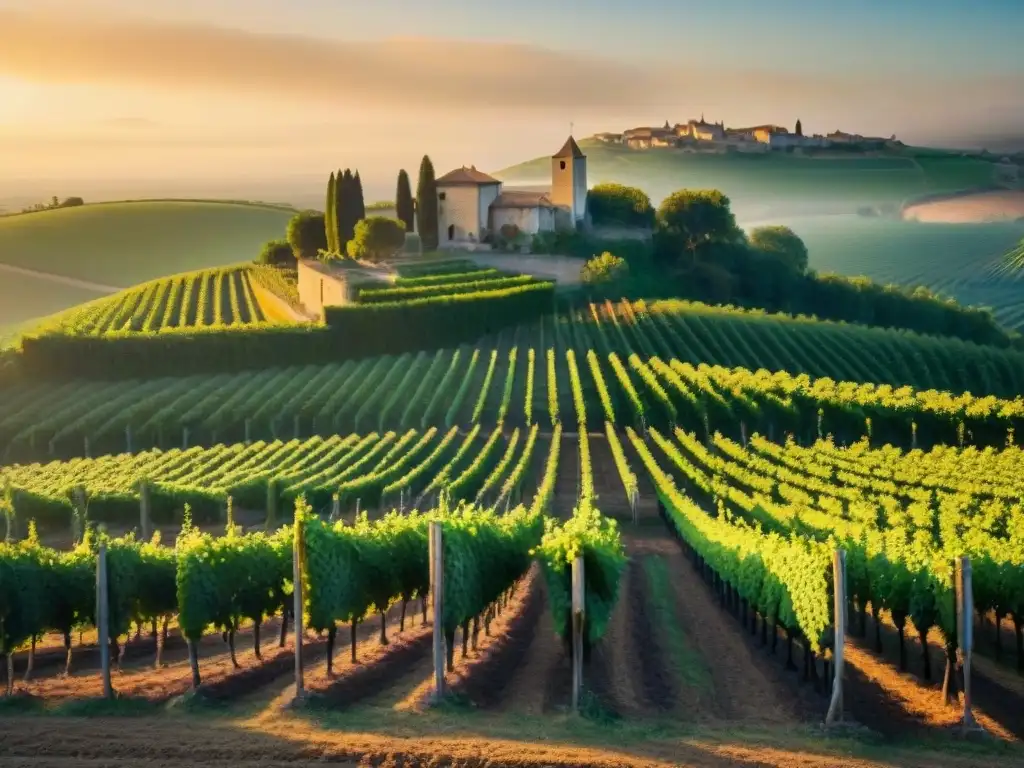 Viñedo francés al amanecer: detalle y serenidad Viñedo francés al amanecer con métodos agrícolas sostenibles en Francia