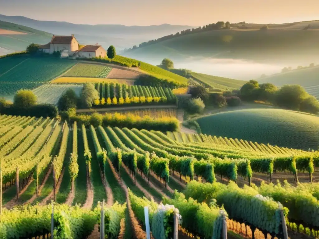 Viñedo orgánico biodinámico al atardecer, reflejando la armonía entre naturaleza y agricultura en la producción de vinos franceses