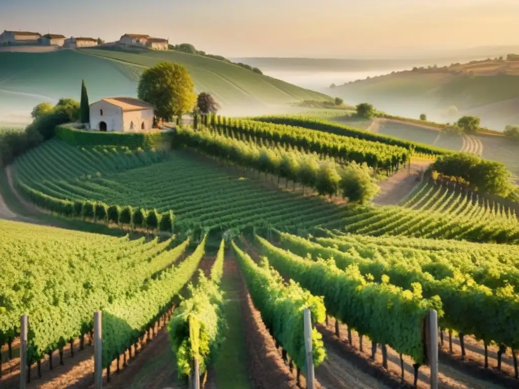 Viñedo orgánico y biodinámico al amanecer en la campiña francesa