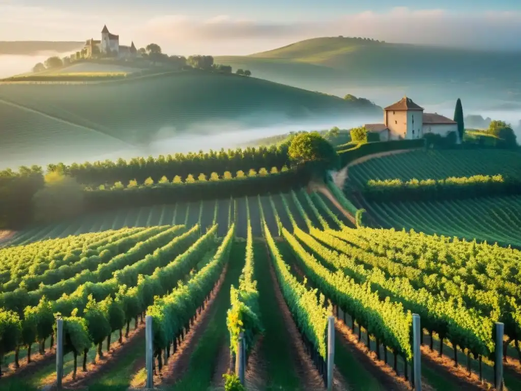 Viñedo orgánico en Francia al amanecer, con bruma matutina y un château tradicional